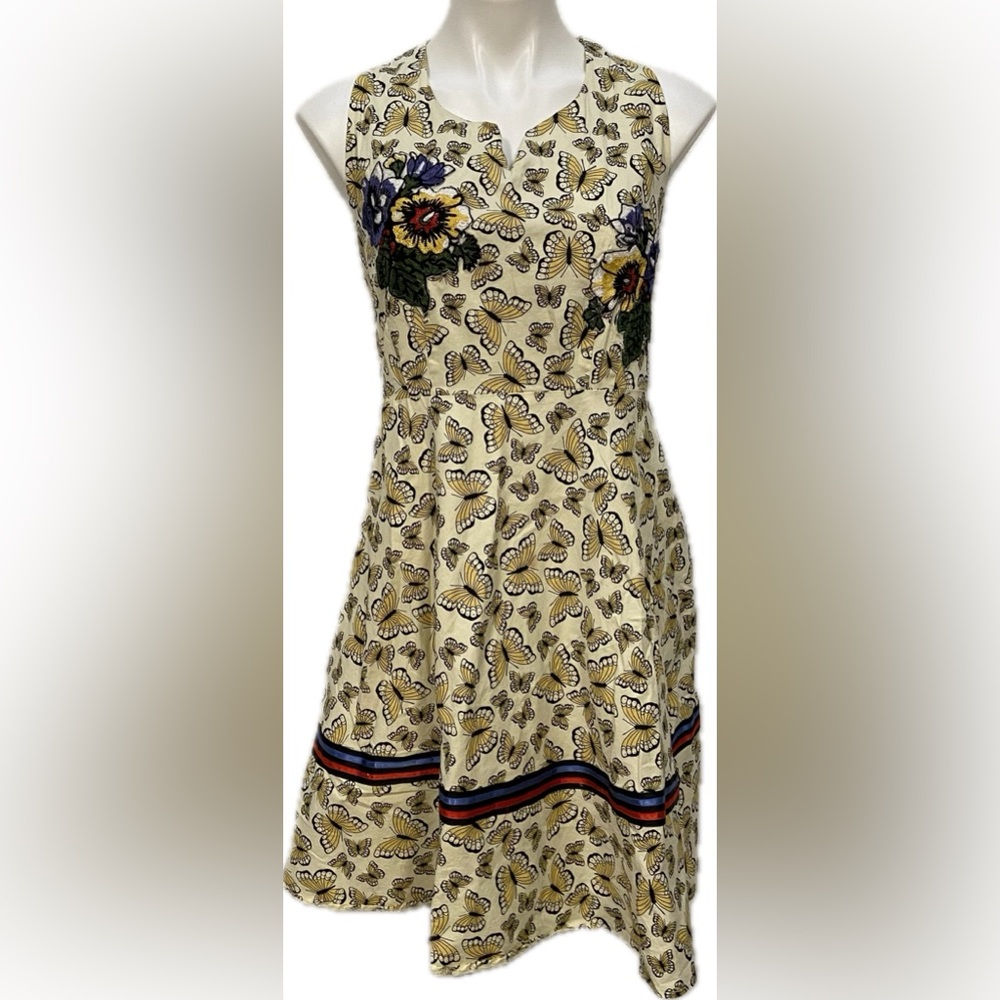 NIZA SPAIN YELLOW BUTTERFLY PRINT EMBROIDERED RIBBON SPLIT NECK SLEEVELESS DRESS